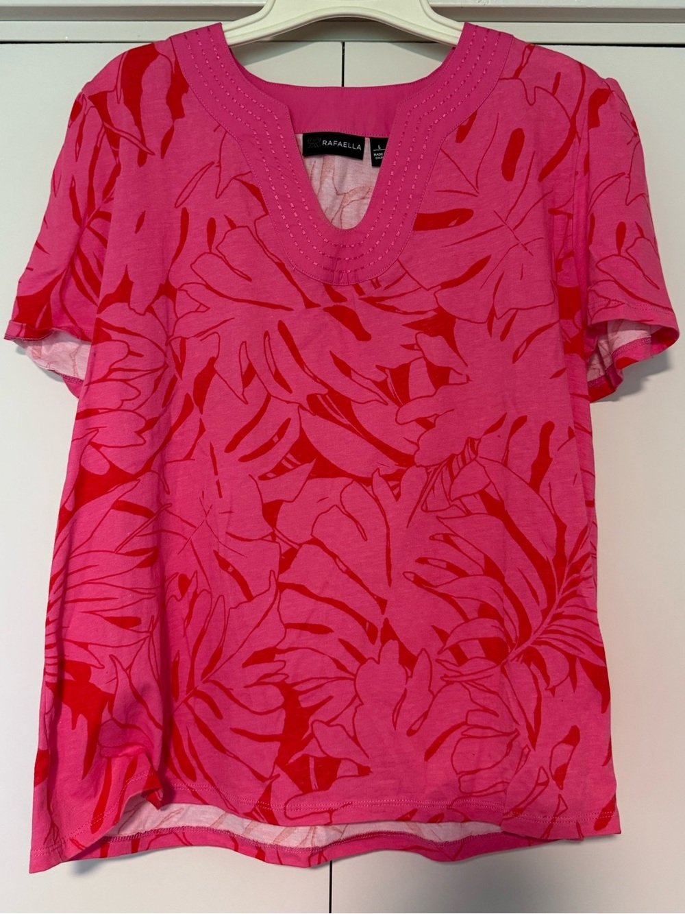 Rafaella Pink with Red Floral V‑Neck Short Sleeve Tee